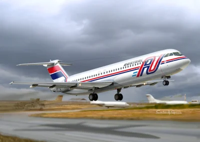 Austral BAC 1-11-500 taking off Puerto Argentino airport after Argentine troops landed during the war. Photoshop.