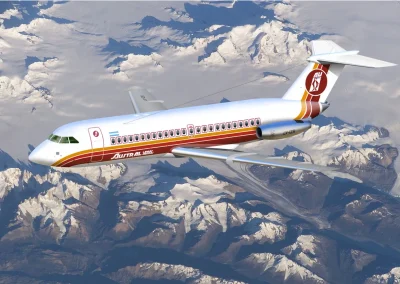 Digital illustration of a BAC One-Eleven aircraft belonging to Austral Líneas Aéreas flying over snow-covered mountains.
