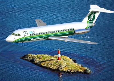 Digital illustration of a BAC One-Eleven aircraft belonging to Austral Airlines flying over a small island with a red and white lighthouse surrounded by the sea.