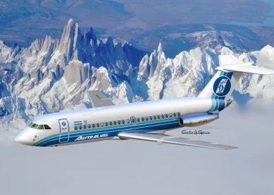 Digital illustration of a BAC One-Eleven aircraft belonging to Austral Líneas Aéreas flying past dramatic, snow-capped mountain peaks.