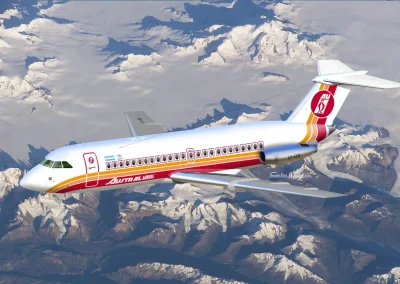Digital illustration of a BAC One-Eleven aircraft belonging to Austral Líneas Aéreas, featuring its classic red, orange, and yellow livery, flying over snow-covered mountains.