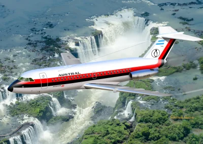 Digital illustration of a BAC One-Eleven aircraft belonging to Austral Líneas Aéreas, featuring a red and black livery, flying over Iguazu Falls.