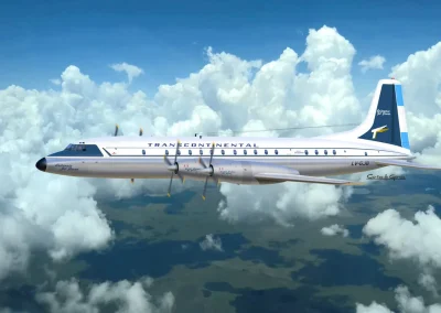 Digital illustration of a Bristol Britannia aircraft from Transcontinental airline flying above the clouds.