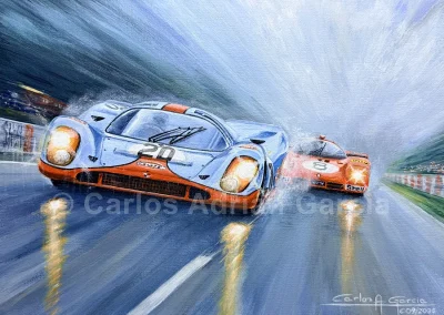 The Porsche 917K maintains the lead over the Ferrari 512 S in the 1970 24 Hours of Le Mans. Acrylic on canvas, 30 x 22 cm