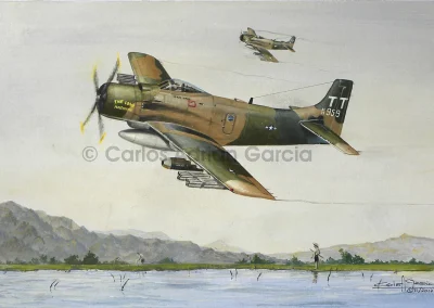 A Douglas A-1 Skyraider flying over a Vietnamese-inhabited area during the Vietnam War.